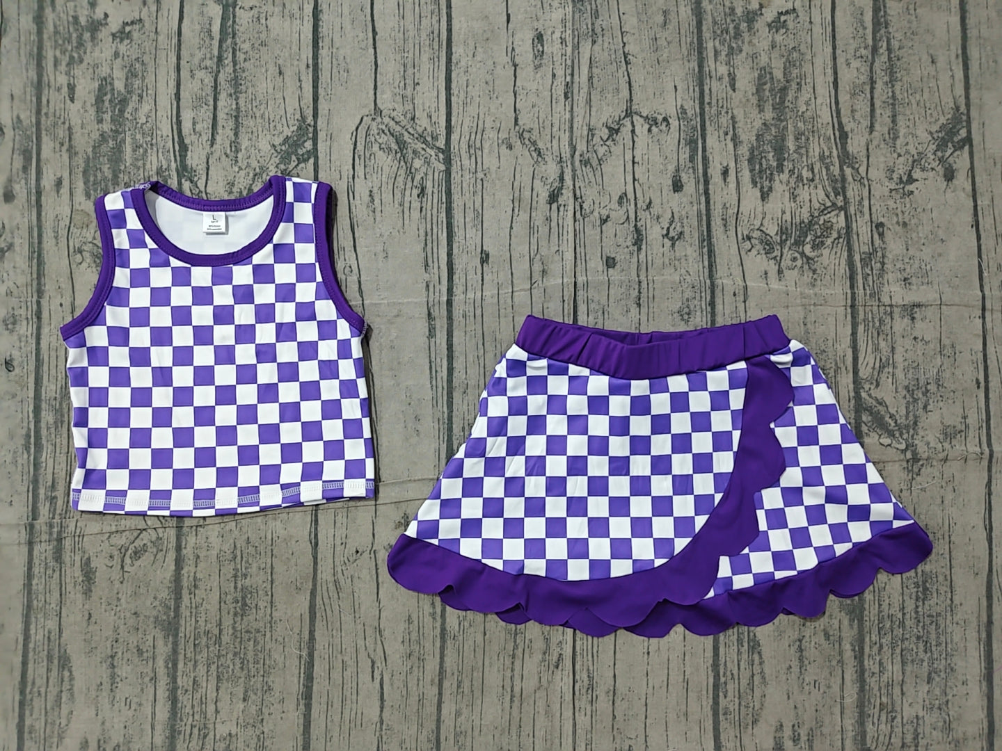 NO MOQ preorder GSD4251 Solid Purple Plaid Wave Ruffle Sleeveless Top with Skirts for Girls Yoga Sets 202606
