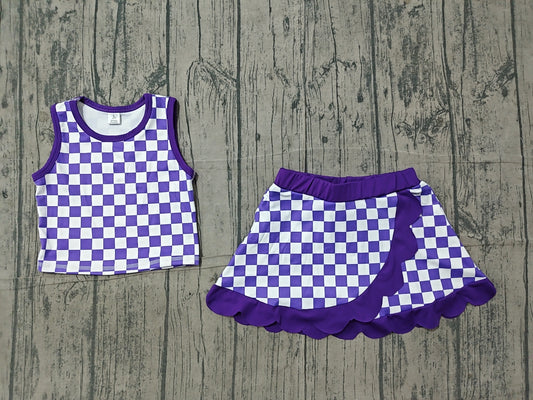 NO MOQ preorder GSD4251 Solid Purple Plaid Wave Ruffle Sleeveless Top with Skirts for Girls Yoga Sets 202606