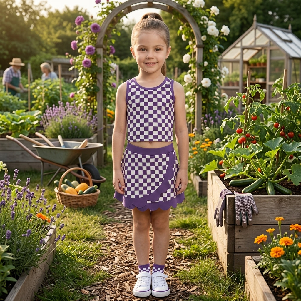 GSD4251 Purple Plaid Scallop Edge Yoga Girls Skorts Set 202609 RTS