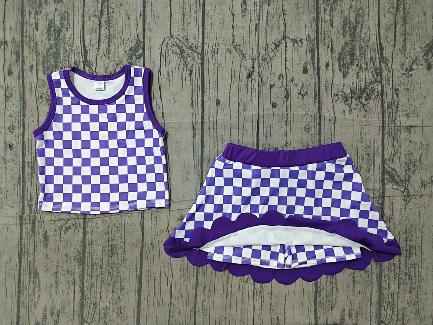 NO MOQ preorder GSD4251 Solid Purple Plaid Wave Ruffle Sleeveless Top with Skirts for Girls Yoga Sets 202606