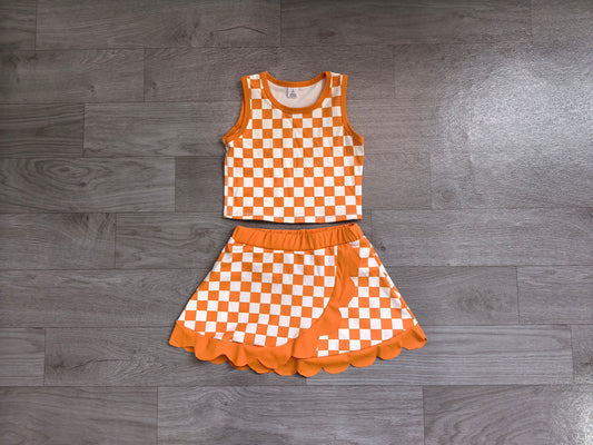 NO MOQ preorder GSD4252 Orange Plaid Scalloped Sleeveless Top with Skirts for Girls Yoga Sets 202607
