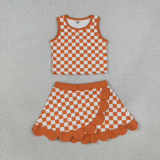 GSD4252 Orange Plaid Scalloped Sleeveless Top with Skirts for Girls Yoga Sets 202608 RTS