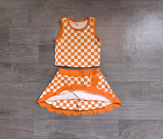 NO MOQ preorder GSD4252 Orange Plaid Scalloped Sleeveless Top with Skirts for Girls Yoga Sets 202607
