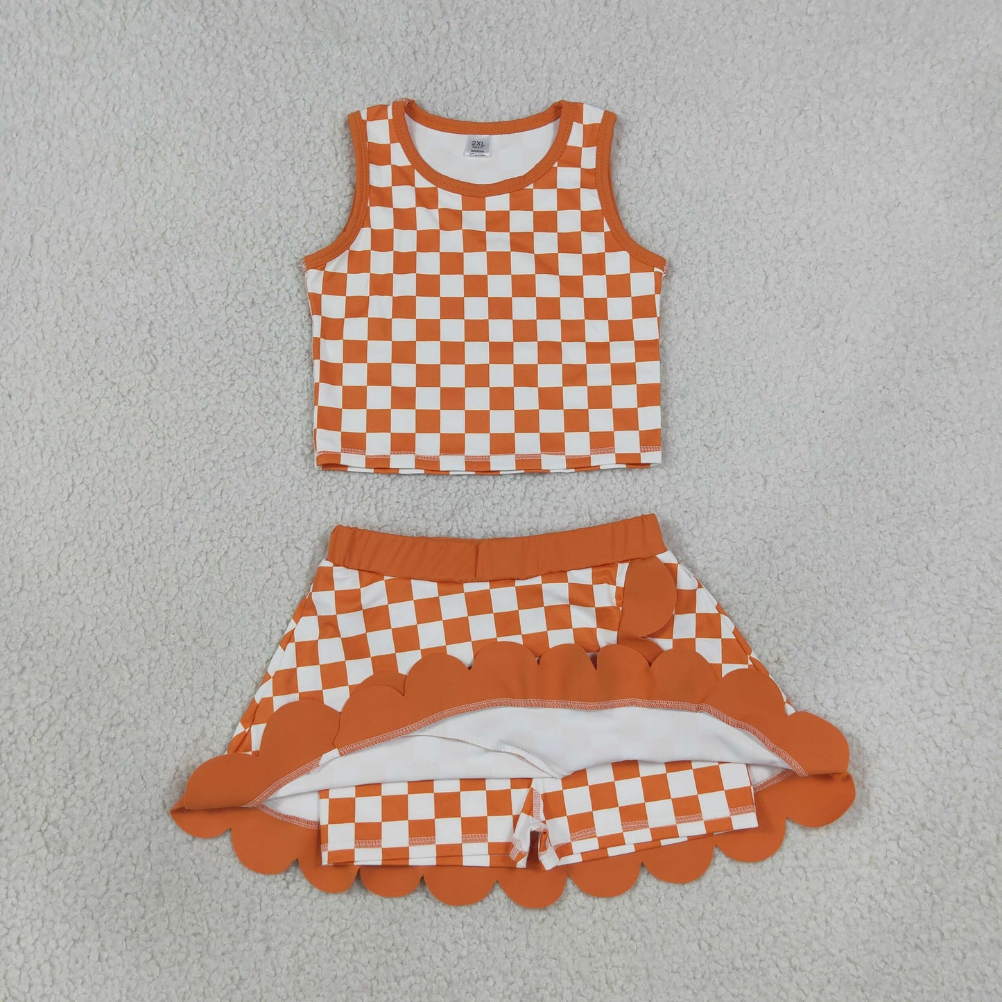 GSD4252 Orange Plaid Scalloped Sleeveless Top with Skirts for Girls Yoga Sets 202608 RTS