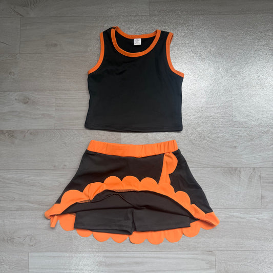 NO MOQ preorder GSD4259 Orange Scalloped Black Sleeveless Skirts for Girls Yoga Sets 202607
