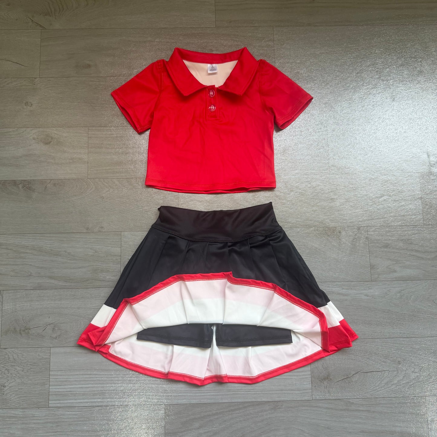 NO MOQ preorder GSD4262 GO TEAM Solid Red Polo Short Sleeve Top with Pleated Skirts for Girls Yoga Sets 202607