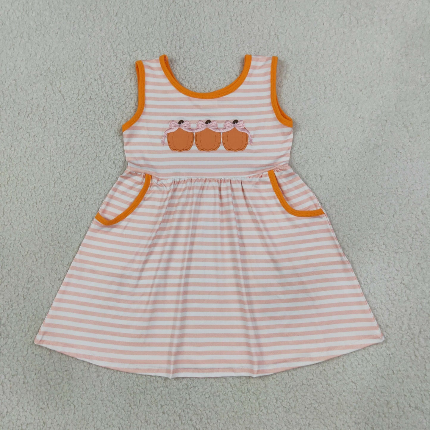 GSD4265 Embroidery Fall Pumpkin Bows Stripe Pink Girl's Dress 202609 RTS