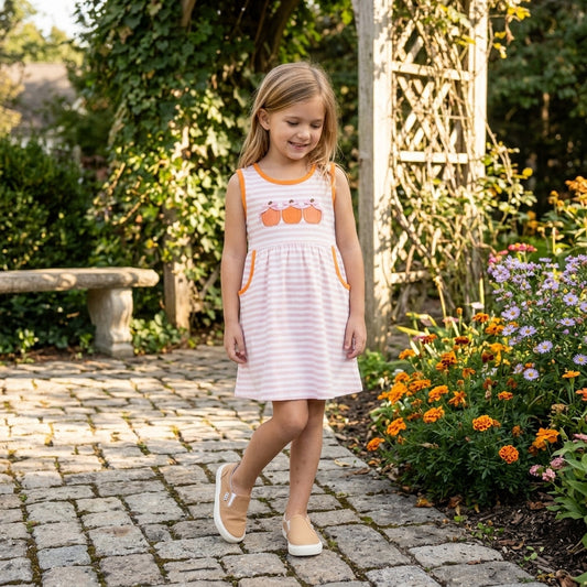 GSD4265 Embroidery Fall Pumpkin Bows Stripe Pink Girl's Dress 202609 RTS