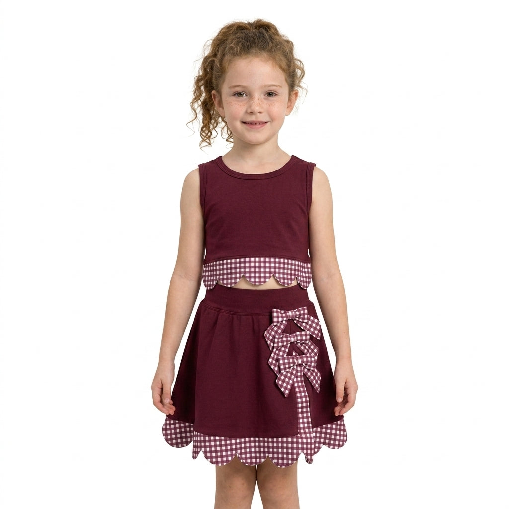 GSD4266 Red Plaid Bows Scallop Edge Yoga Girls Skorts Set 202609 RTS