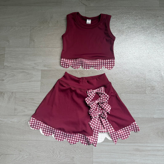 NO MOQ preorder GSD4266 Dark Red Plaid Bows Scalloped Sleeveless Skirts for Girls Yoga Sets 202607