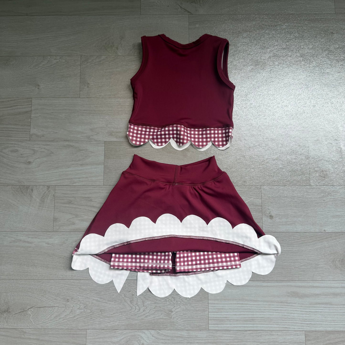 NO MOQ preorder GSD4266 Dark Red Plaid Bows Scalloped Sleeveless Skirts for Girls Yoga Sets 202607