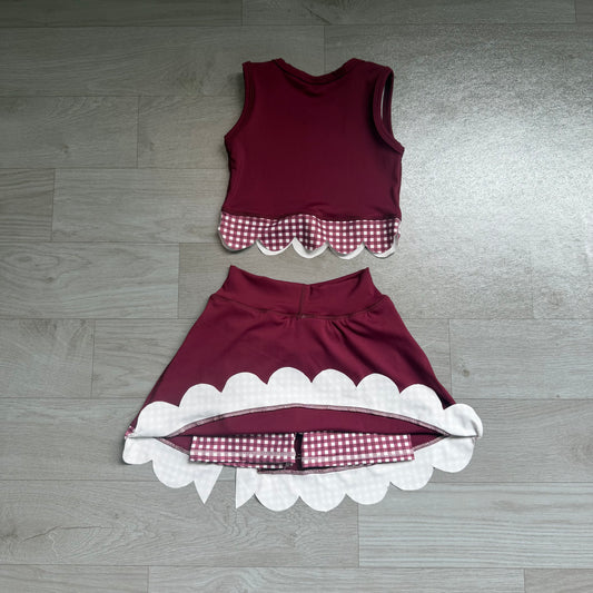NO MOQ preorder GSD4266 Dark Red Plaid Bows Scalloped Sleeveless Skirts for Girls Yoga Sets 202607