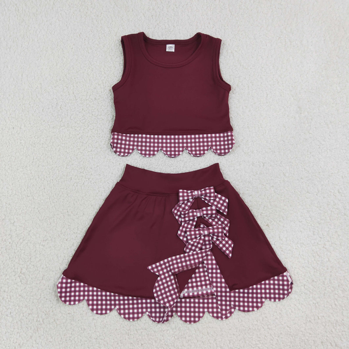 GSD4266 Red Plaid Bows Scallop Edge Yoga Girls Skorts Set 202609 RTS