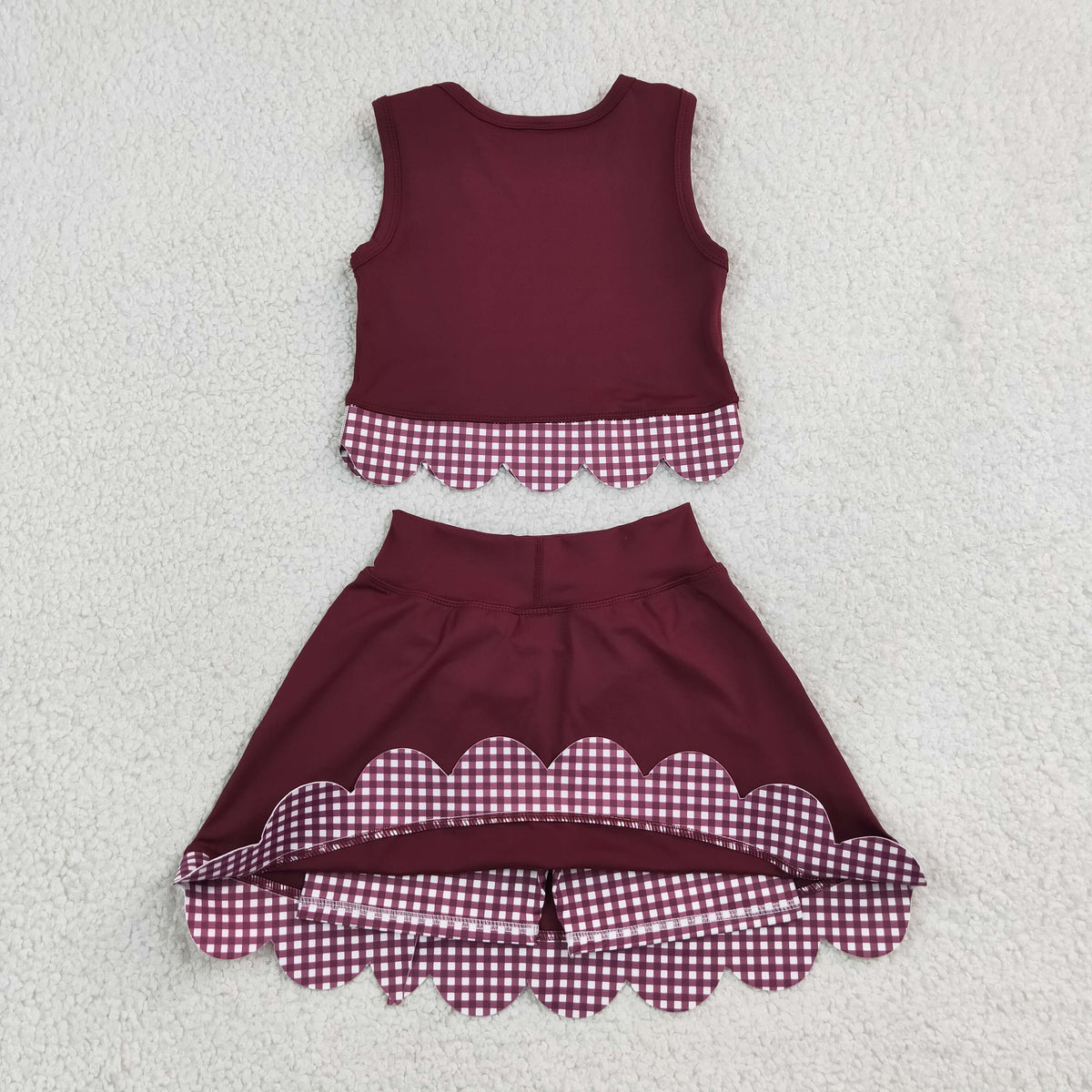 GSD4266 Red Plaid Bows Scallop Edge Yoga Girls Skorts Set 202609 RTS