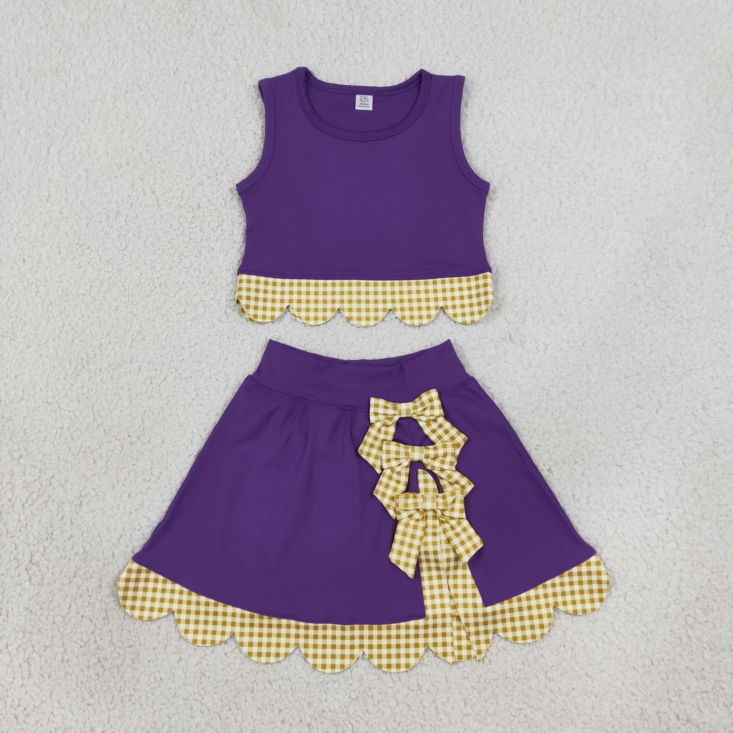 GSD4267 Purple Yellow Plaid Bows Scallop Edge Yoga Girls Skorts Set