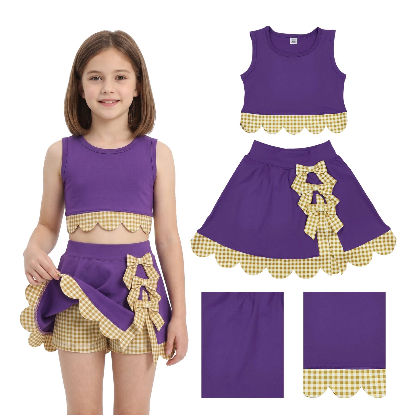 GSD4267 Purple Yellow Plaid Bows Scallop Edge Yoga Girls Skorts Set
