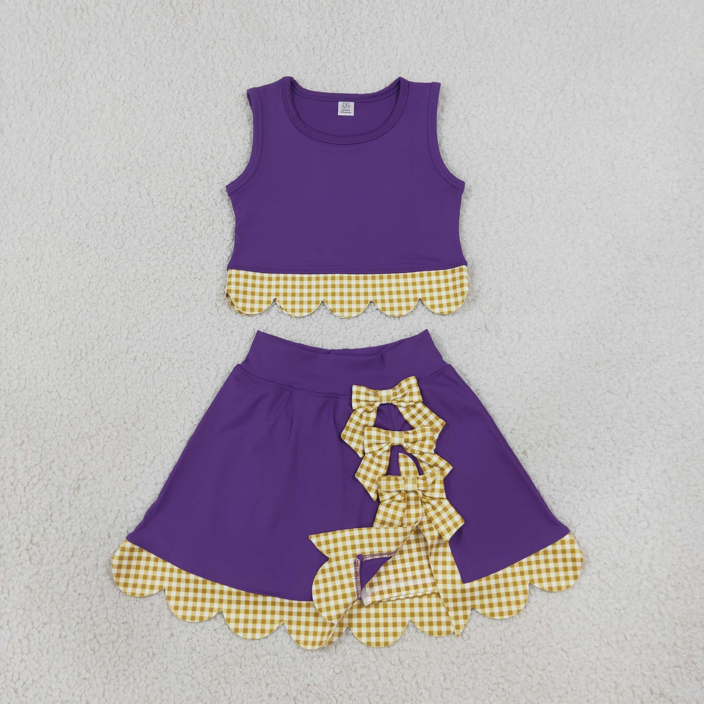 GSD4267 Purple Yellow Plaid Bows Scallop Edge Yoga Girls Skorts Set