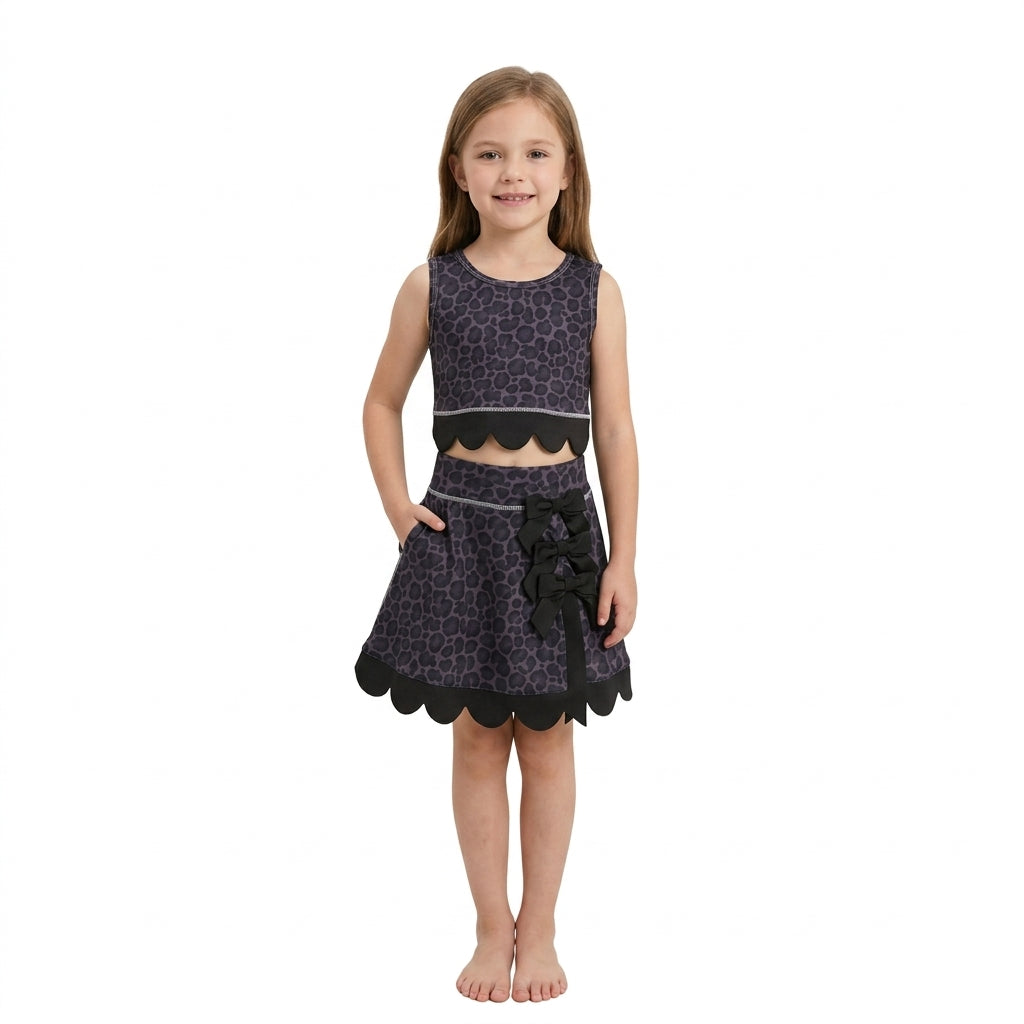 GSD4268 Black Leopard Bows Scallop Edge Yoga Girls Skorts Set 202609 RTS