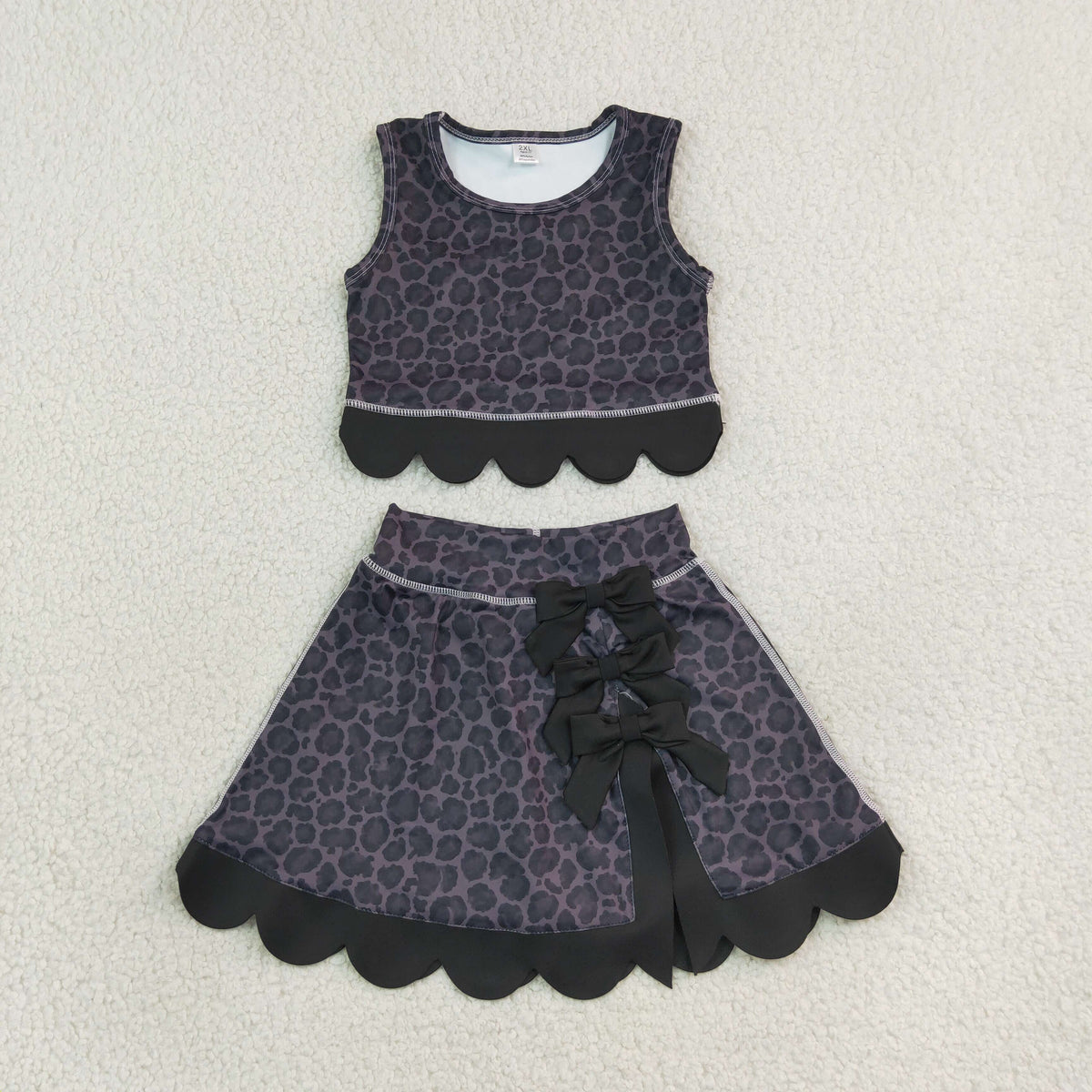 GSD4268 Black Leopard Bows Scallop Edge Yoga Girls Skorts Set 202609 RTS