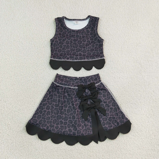 GSD4268 Black Leopard Bows Scallop Edge Yoga Girls Skorts Set 202609 RTS