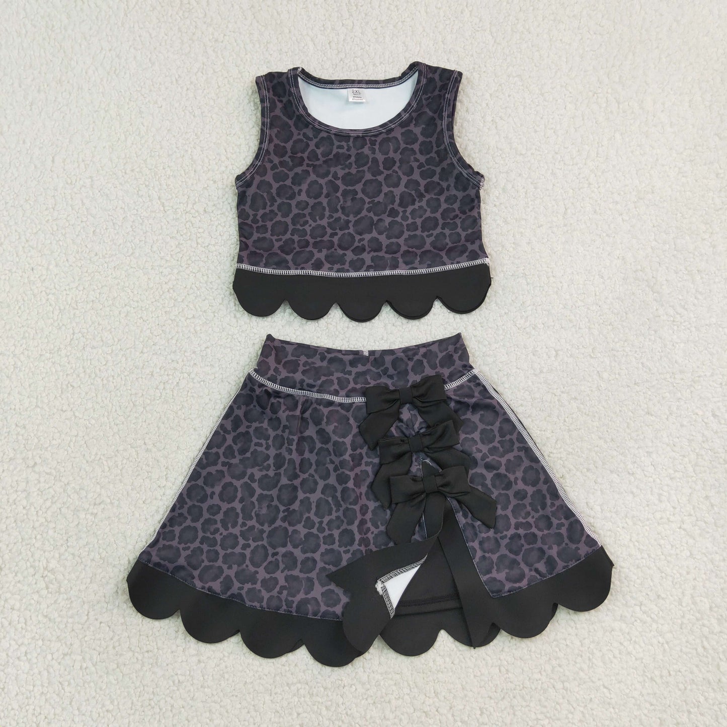 GSD4268 Black Leopard Bows Scallop Edge Yoga Girls Skorts Set 202609 RTS