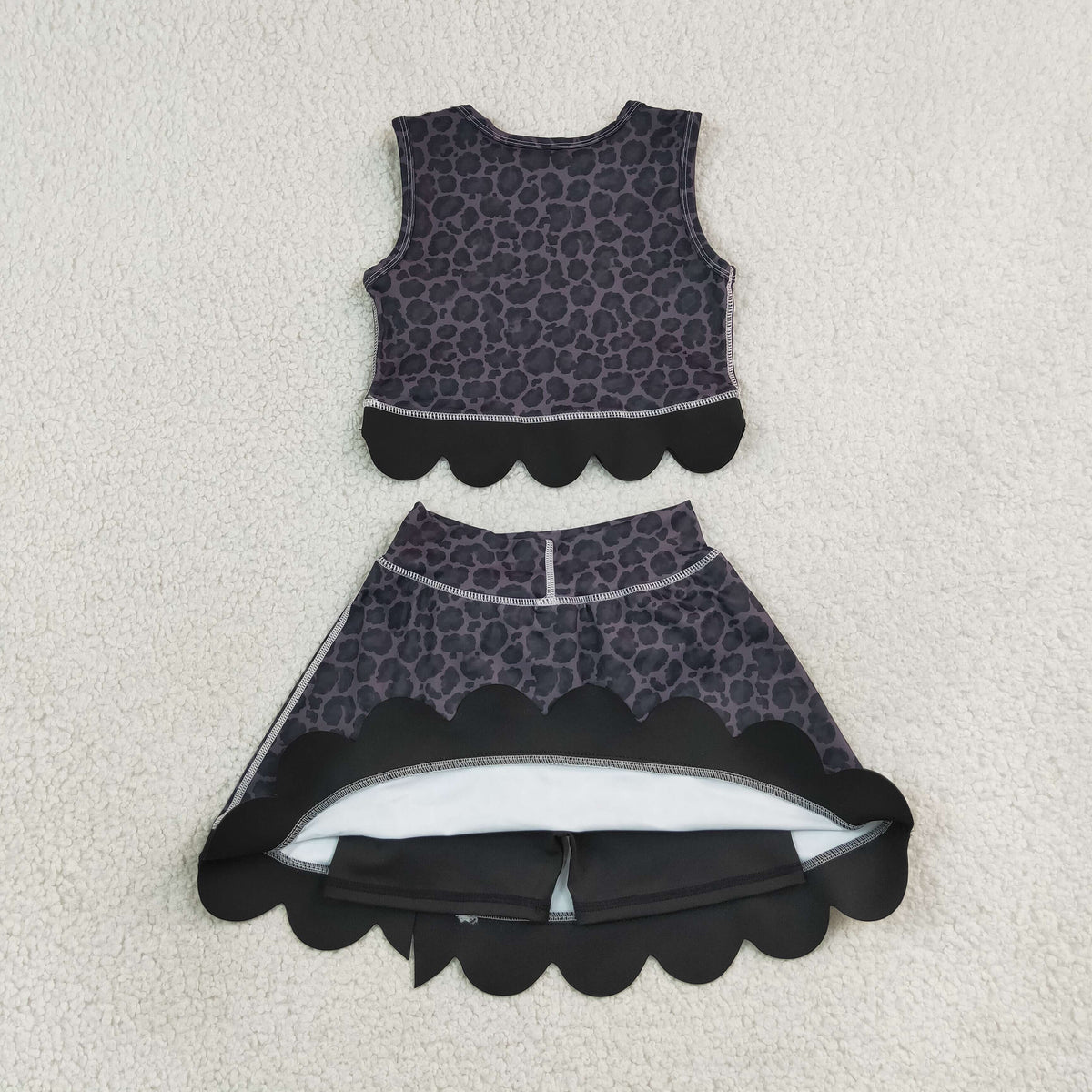 GSD4268 Black Leopard Bows Scallop Edge Yoga Girls Skorts Set 202609 RTS