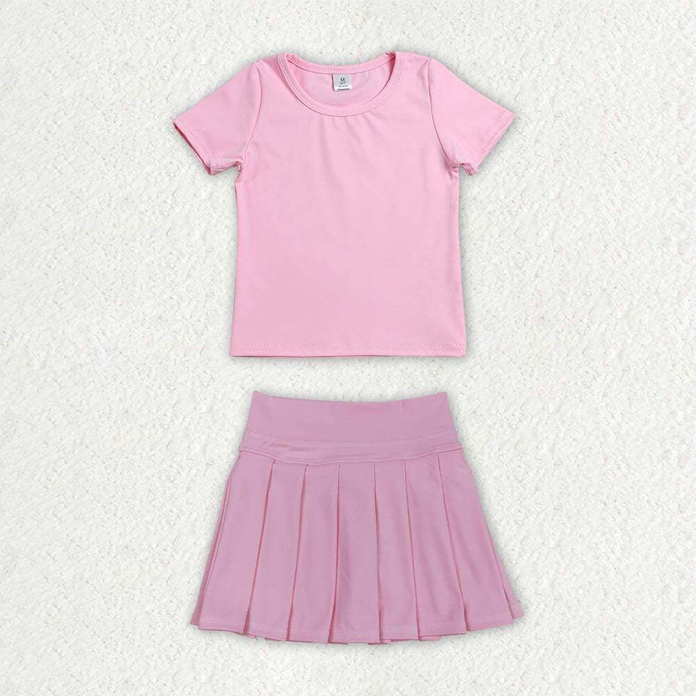 GSD4269 Solid Pink Short Sleeve Top with Pleated Skirts for Girls Yoga Sets 202607 RTS