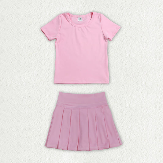 GSD4269 Solid Pink Short Sleeve Top with Pleated Skirts for Girls Yoga Sets 202607 RTS