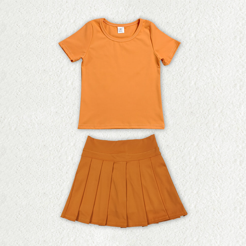 GSD4270 Solid Orange Short Sleeve Top with Pleated Skirts for Girls Yoga Sets 202607 RTS