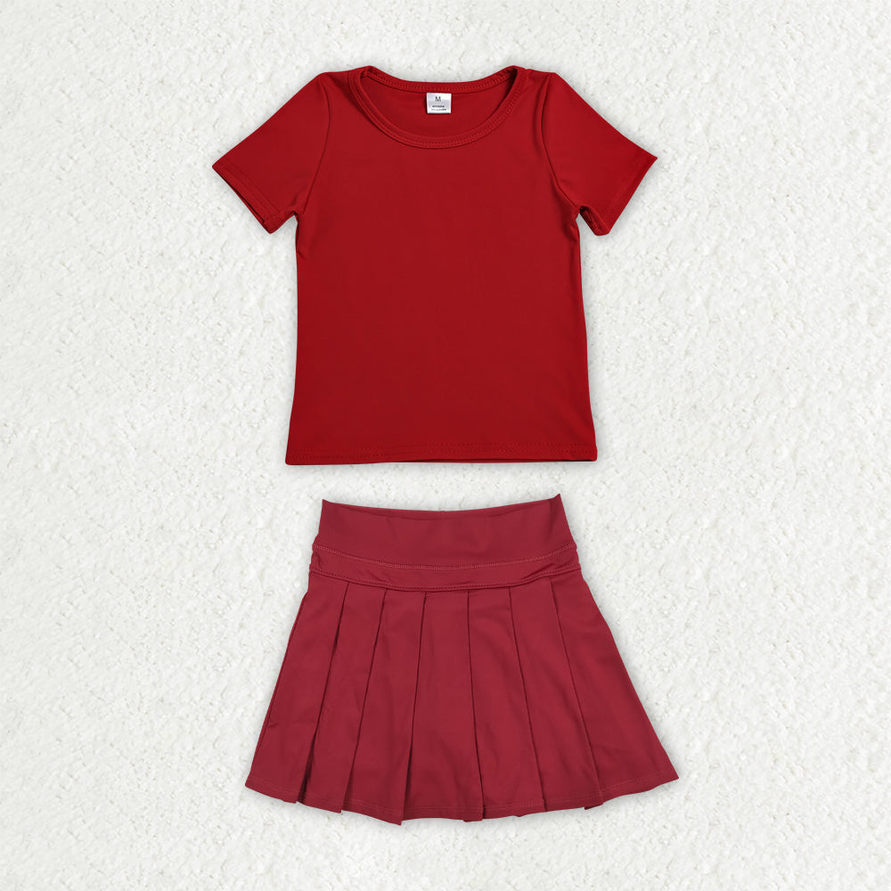 GSD4271 Solid Red Short Sleeve Top with Pleated Skirts for Girls Yoga Sets 202607 RTS