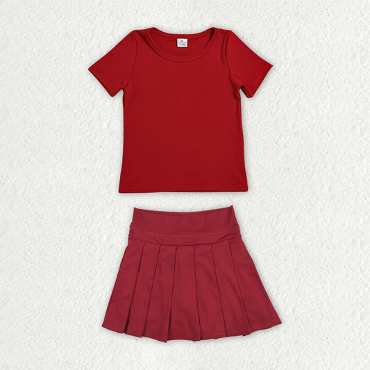 GSD4271 Solid Red Short Sleeve Top with Pleated Skirts for Girls Yoga Sets 202607 RTS