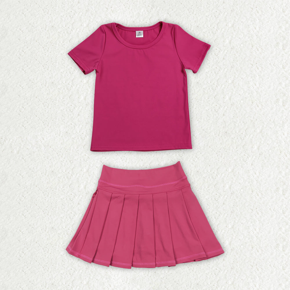 GSD4272 Solid Rose Red Short Sleeve Top with Pleated Skirts for Girls Yoga Sets 202607 RTS
