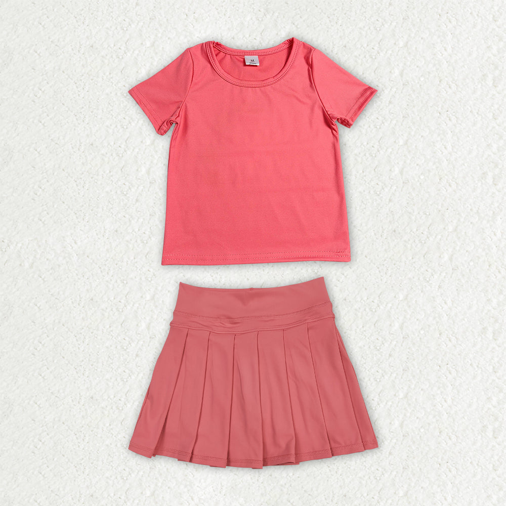 GSD4273 Solid Coral Red Short Sleeve Top with Pleated Skirts for Girls Yoga Sets 202607 RTS