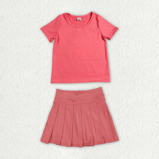 GSD4273 Solid Coral Red Short Sleeve Top with Pleated Skirts for Girls Yoga Sets 202607 RTS