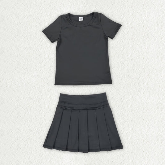 GSD4274 Solid Black Short Sleeve Top with Pleated Skirts for Girls Yoga Sets 202607 RTS