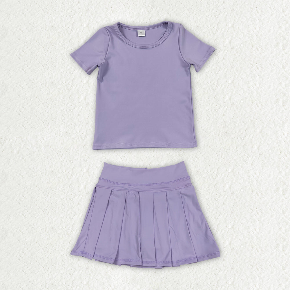 GSD4275 Solid Purple Short Sleeve Top with Pleated Skirts for Girls Yoga Sets 202607 RTS