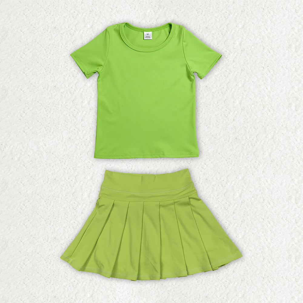 GSD4279 Solid Green Short Sleeve Top with Pleated Skirts for Girls Yoga Sets 202607 RTS