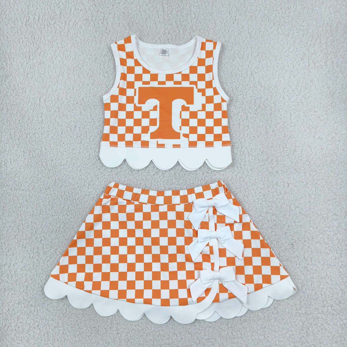 GSD4282 Mascot School Team Orange Plaid Bows Scallop Edge Yoga Girls Skorts Set
