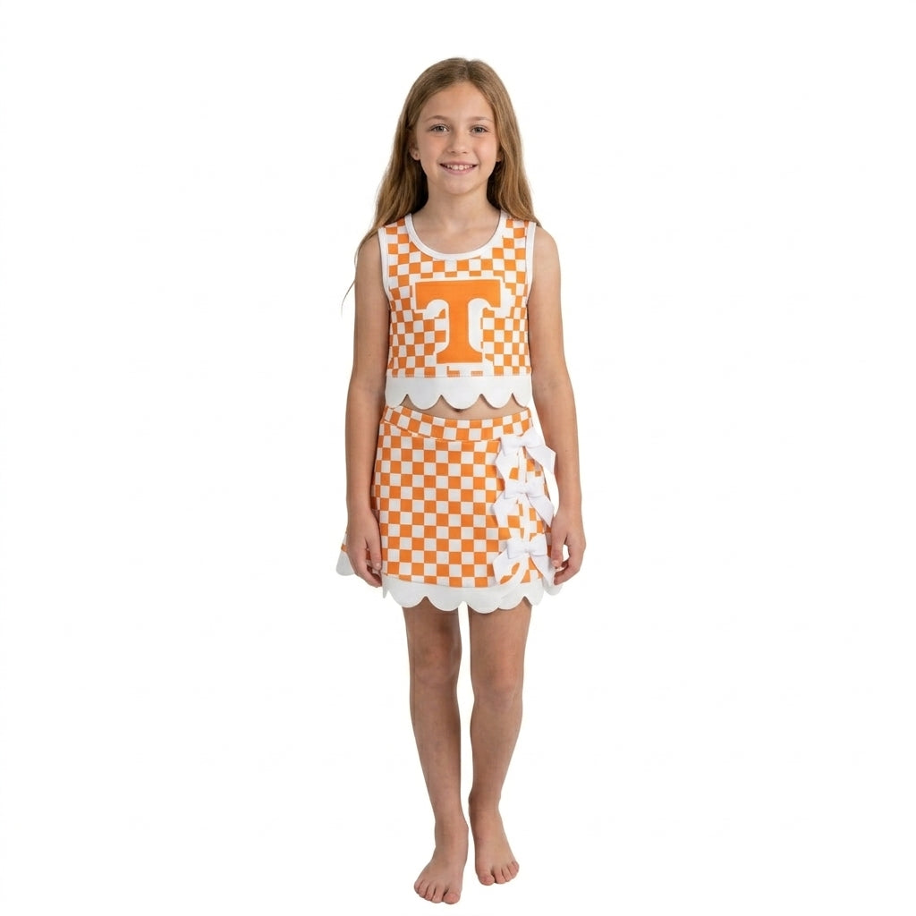 GSD4282 Mascot School Team Orange Plaid Bows Scallop Edge Yoga Girls Skorts Set