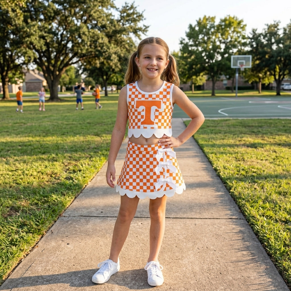 GSD4282 Mascot School Team Orange Plaid Bows Scallop Edge Yoga Girls Skorts Set