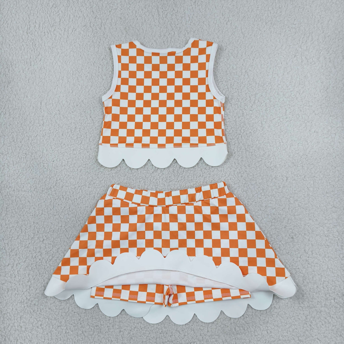 GSD4282 Mascot School Team Orange Plaid Bows Scallop Edge Yoga Girls Skorts Set