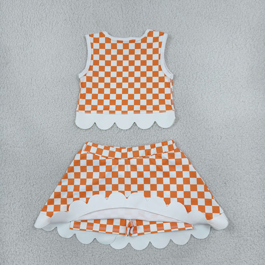 GSD4282 Mascot School Team Orange Plaid Bows Scallop Edge Yoga Girls Skorts Set