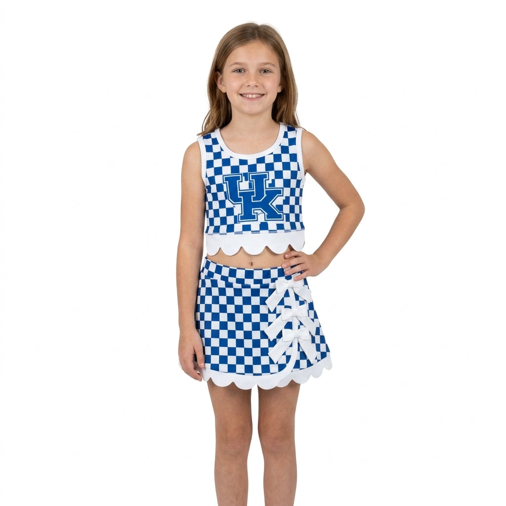 GSD4283 School Team Mascot Plaid Bows Scallop Edge Yoga Girls Skorts Set
