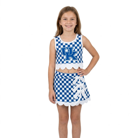 GSD4283 School Team Mascot Plaid Bows Scallop Edge Yoga Girls Skorts Set