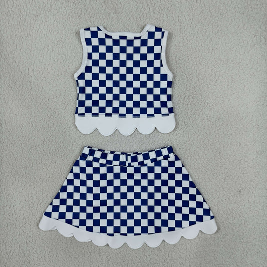 GSD4283 School Team Mascot Plaid Bows Scallop Edge Yoga Girls Skorts Set