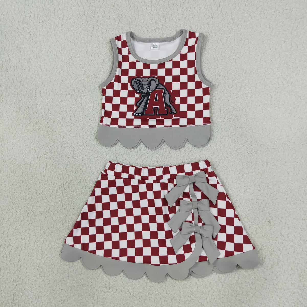 GSD4284 Mascot School Team Plaid Gray Bows Scallop Edge Yoga Girls Skorts Set