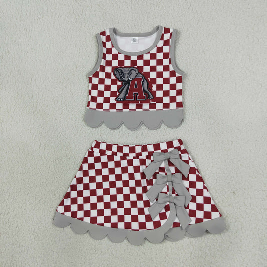 GSD4284 Mascot School Team Plaid Gray Bows Scallop Edge Yoga Girls Skorts Set