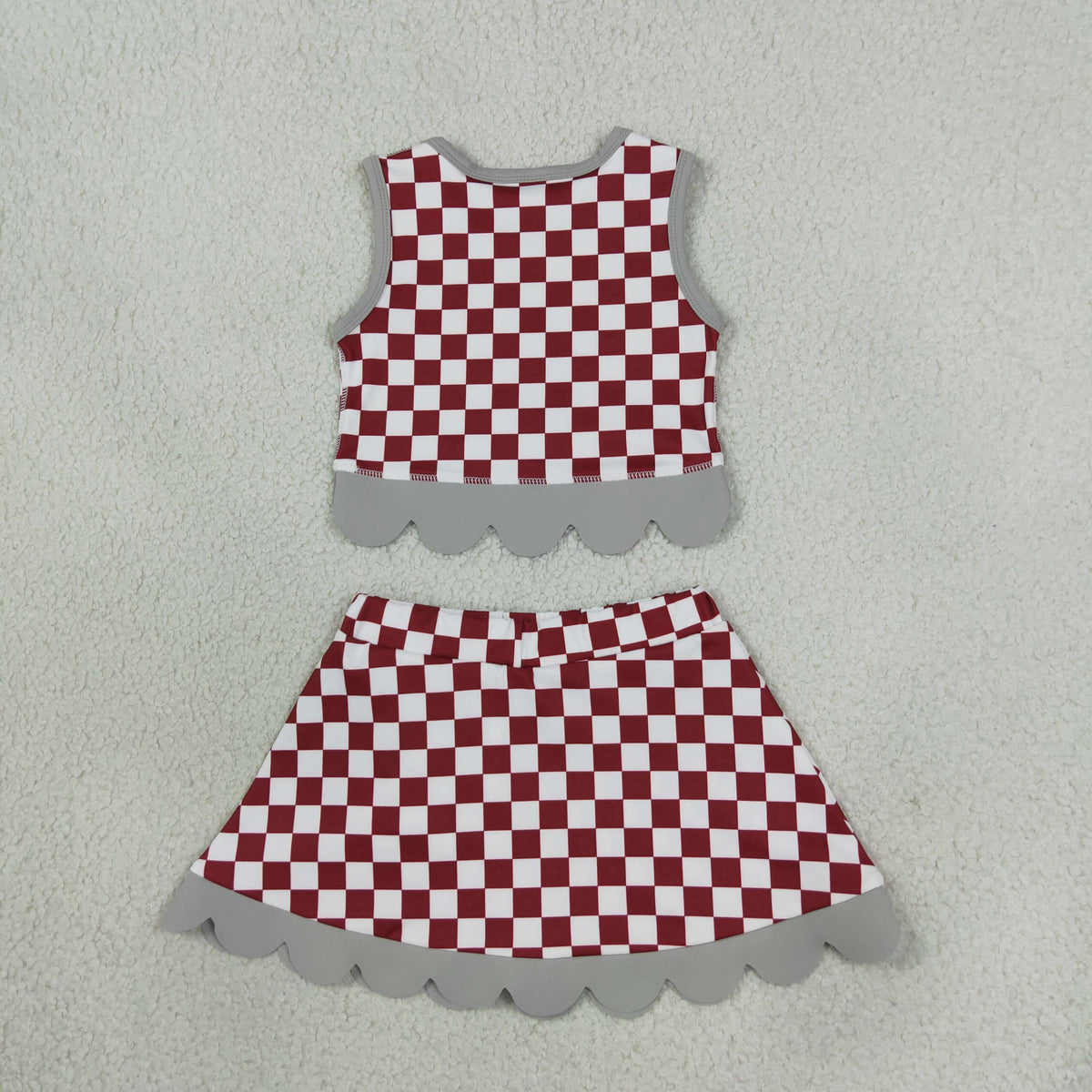 GSD4284 Mascot School Team Plaid Gray Bows Scallop Edge Yoga Girls Skorts Set