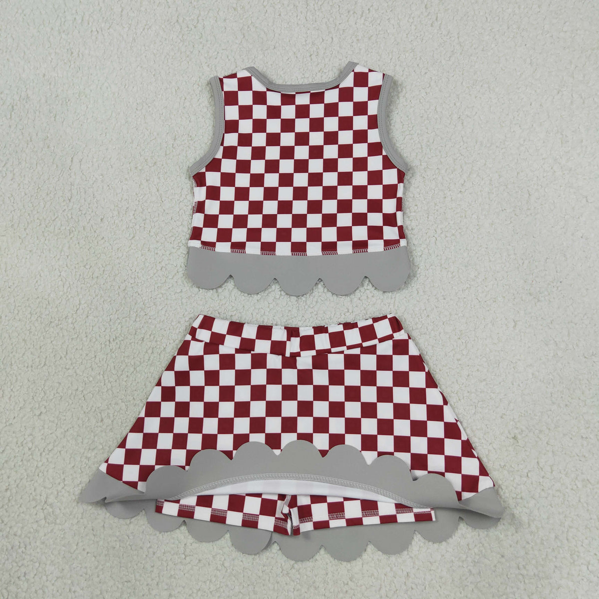 GSD4284 Mascot School Team Plaid Gray Bows Scallop Edge Yoga Girls Skorts Set