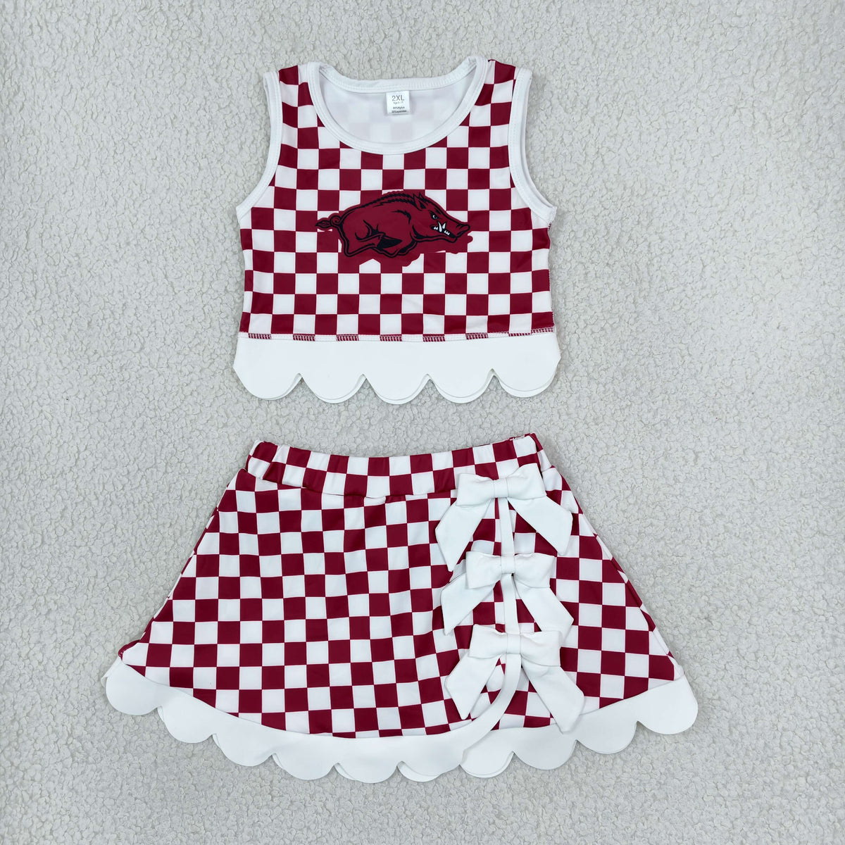 GSD4286 Mascot School Team Dark Red Plaid Bows Scallop Edge Yoga Girls Skorts Set